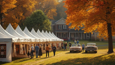 Autumn community festival with vendor tents, quilts and antique cars on a lawn (illustrative)