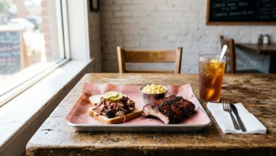 A barbecue lunch of pulled pork, glazed ribs, mac and cheese and iced tea on a wooden table in window light.