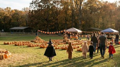 Children in Halloween costumes walking past pumpkins in a park in autumn (illustrative)