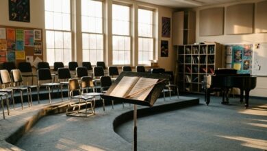 Empty classroom with tiered seating, a piano and a music stand (illustrative)