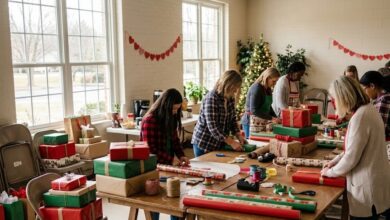 Volunteers wrapping holiday gifts at a community room in Mt. Juliet, Tennessee (illustrative)