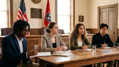 High school students taking notes around a table in a county meeting room (illustrative, AI-generated)